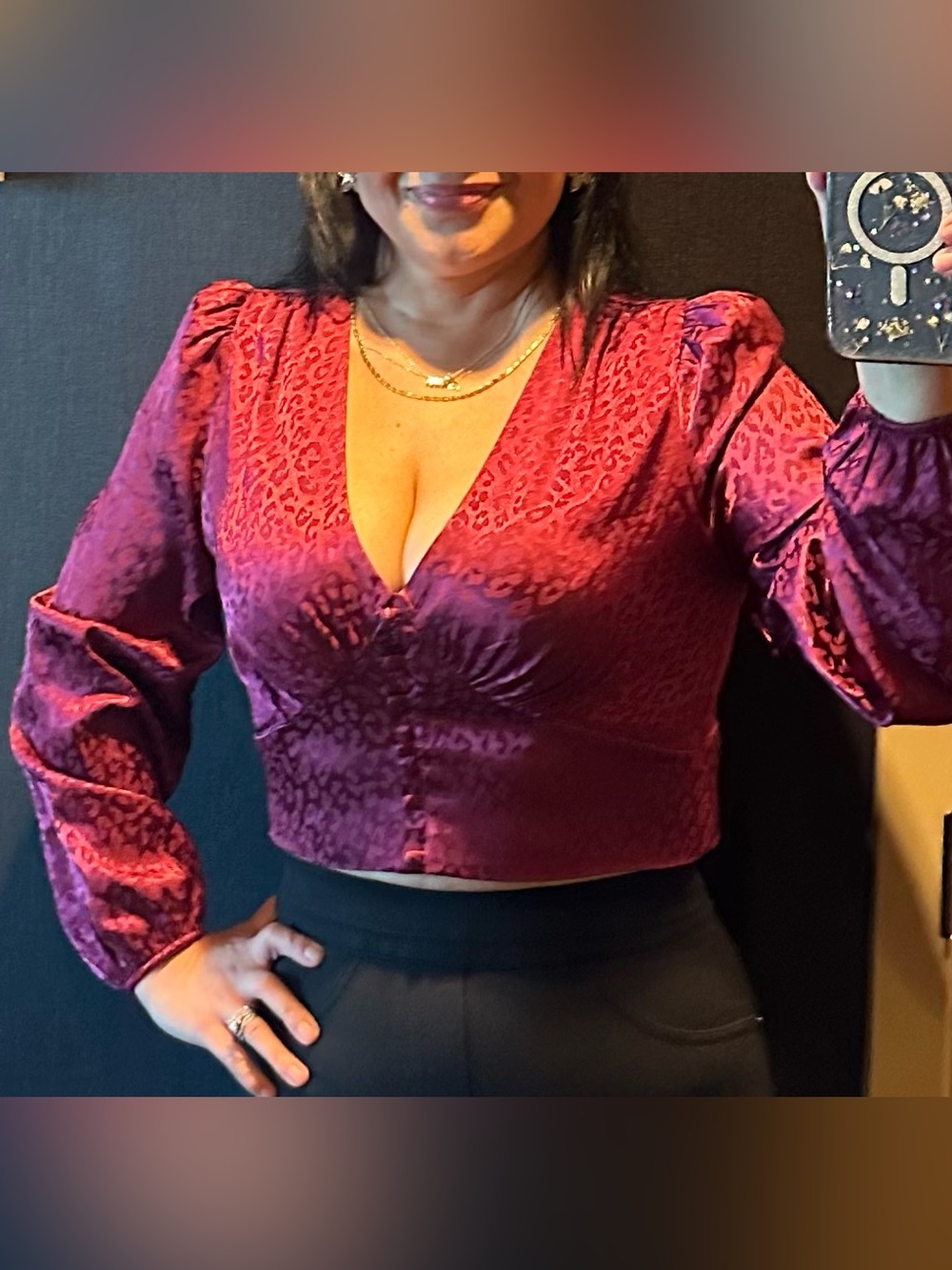 Milk & Honey Burgundy Satin Jacquard Leopard Crop Top